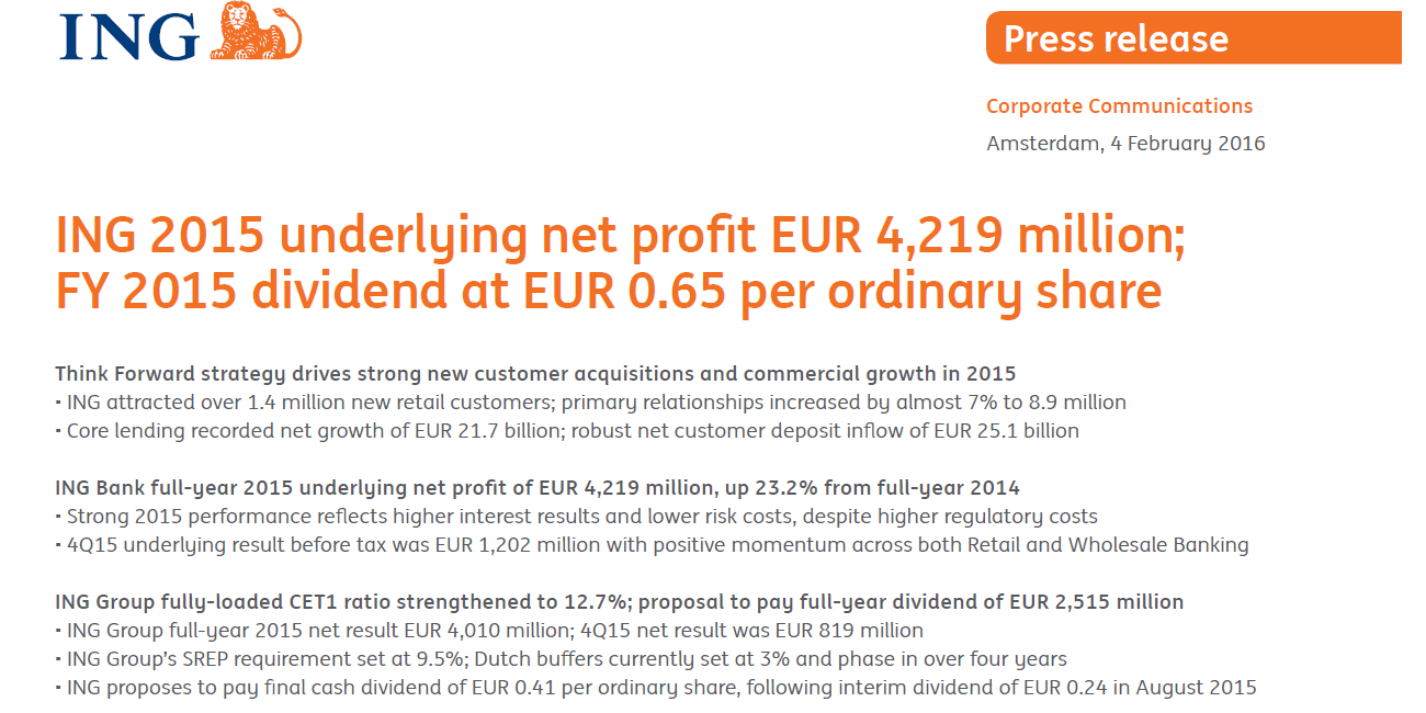 ING 2015 underlying net profit EUR 4,219 million; FY 2015 dividend at EUR 0.65 per ordinary share