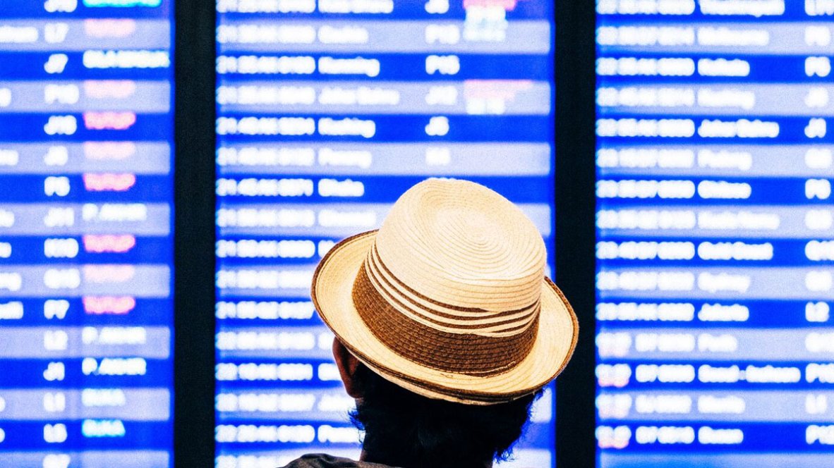 illustration Man with hat, looking at multiple screens