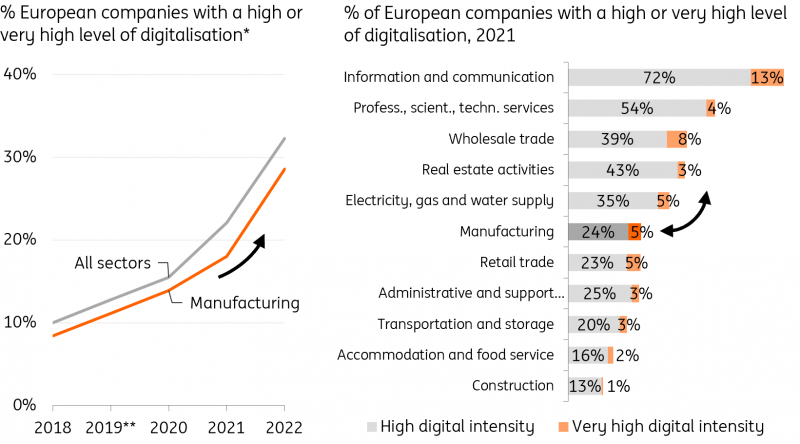 ING Research based on Eurostat *based on the Digital Intensity Index **estimate due to missing figure