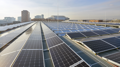 Solar panels on the roof of ING’s Cedar office building in Amsterdam.